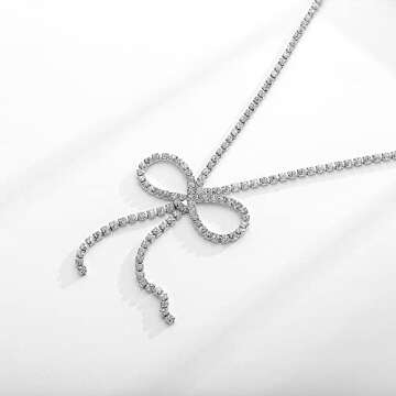 FAMARINE Silver Plated Bow Necklace for Women Simple Cubic Zirconia Silver Bow Neckace for Women Gift