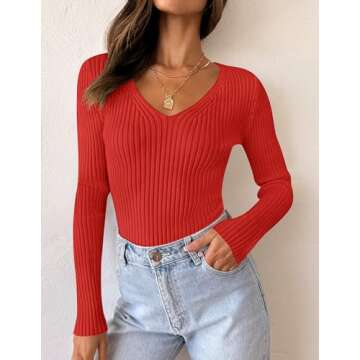 ZESICA Women's Fall Long Sleeve V Neck T Shirts Ribbed Knit Sweater Slim Fit Solid Basic Casual Tee Tops,Firered,Small