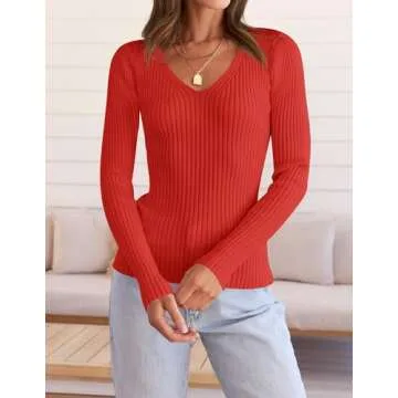 ZESICA Women's Fall Long Sleeve V Neck T Shirts Ribbed Knit Sweater Slim Fit Solid Basic Casual Tee Tops,Firered,Small