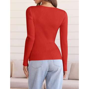 ZESICA Women's Fall Long Sleeve V Neck T Shirts Ribbed Knit Sweater Slim Fit Solid Basic Casual Tee Tops,Firered,Small