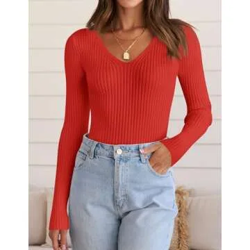 ZESICA Women's Fall Long Sleeve V Neck T Shirts Ribbed Knit Sweater Slim Fit Solid Basic Casual Tee Tops,Firered,Small
