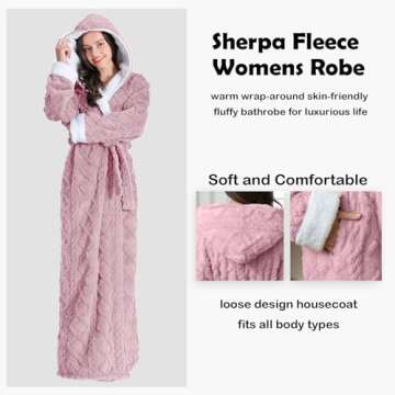 Oksun Womens Long Sherpa Fleece Robe: Floor Length Hooded Bathrobe, Jacquard Warm Winter Housecoat, Fluffy Soft Cozy Nightgown (Pink, XL)
