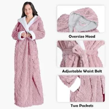 Oksun Womens Long Sherpa Fleece Robe: Floor Length Hooded Bathrobe, Jacquard Warm Winter Housecoat, Fluffy Soft Cozy Nightgown (Pink, XL)