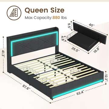 Queen Bed Frame with RGB LED Lights Headboard & USB-C/A Charging Station, Modern Upholstered Platfor...