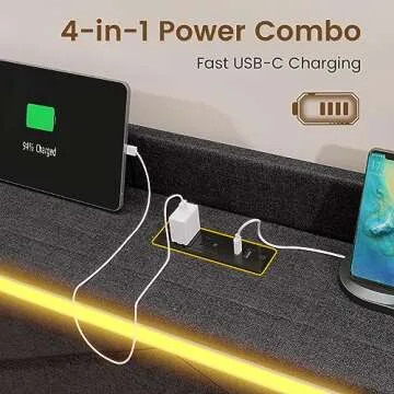 Queen Bed Frame with RGB LED Lights Headboard & USB-C/A Charging Station, Modern Upholstered Platform Bed with Storage Drawers, Heavy Duty Steel Slats, No Box Spring Needed, Dark Gray