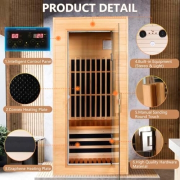 Sweat Dry Home Sauna | 6 Infrared Heaters | Full Red Spectrum | Hemlock & Tempered Glass | Skin Cleansing, Detox, Heat Therapy | Control Panel, Bluetooth, AUX, mp3 | 1 Person Sauna
