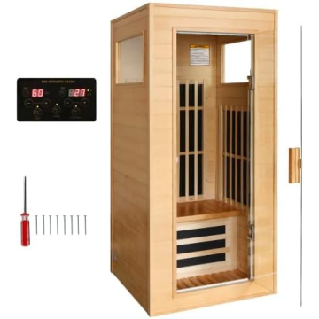 Sweat Dry Home Sauna | 6 Infrared Heaters | Full Red Spectrum | Hemlock & Tempered Glass | Skin Cleansing, Detox, Heat Therapy | Control Panel, Bluetooth, AUX, mp3 | 1 Person Sauna