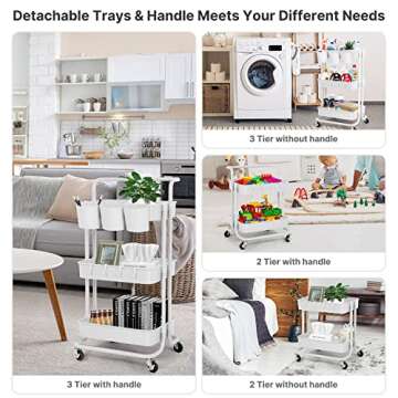 E&D FURNITURE 3 Tier Rolling Storage Cart with Wheels, White, Sturdy, Waterproof, Adjustable, Multipurpose, Organization, Office, Kitchen, Bedroom, Bathroom, Garage, Kids Art Cart