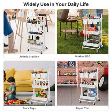 E&D FURNITURE 3 Tier Rolling Storage Cart with Wheels, White, Sturdy, Waterproof, Adjustable, Multipurpose, Organization, Office, Kitchen, Bedroom, Bathroom, Garage, Kids Art Cart