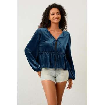 calbatic Bow Tie Front Long Sleeve Velvet Blouse for Women V Neck Ruffle Hem Peplum Shirts Loose Fit...