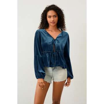 calbatic Bow Tie Front Long Sleeve Velvet Blouse for Women V Neck Ruffle Hem Peplum Shirts Loose Fit Cute Open Front Tops Navy Blue