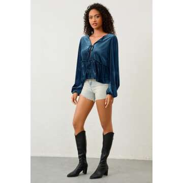 calbatic Bow Tie Front Long Sleeve Velvet Blouse for Women V Neck Ruffle Hem Peplum Shirts Loose Fit Cute Open Front Tops Navy Blue