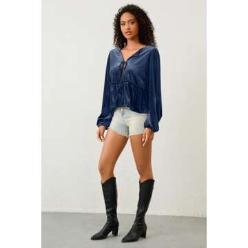 calbatic Bow Tie Front Long Sleeve Velvet Blouse for Women V Neck Ruffle Hem Peplum Shirts Loose Fit Cute Open Front Tops Navy Blue