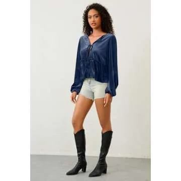 calbatic Bow Tie Front Long Sleeve Velvet Blouse for Women V Neck Ruffle Hem Peplum Shirts Loose Fit Cute Open Front Tops Navy Blue