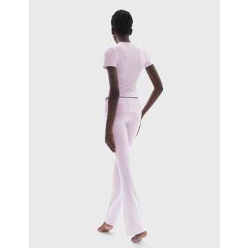 PUMIEY Lounge Sets for Women Two Piece Sets Fold-Over Flare Pants Crew Neck Short Sleeve T-shirts Loungewear Tracksuit, Heather Pop Medium