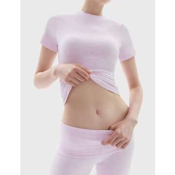 PUMIEY Lounge Sets for Women Two Piece Sets Fold-Over Flare Pants Crew Neck Short Sleeve T-shirts Loungewear Tracksuit, Heather Pop Medium