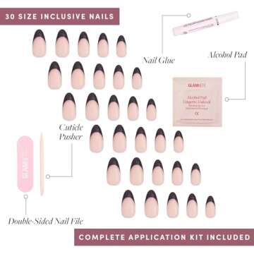 Glamnetic Press On Nails - Caviar | Semi-Transparent, Short Almond Nails, Reusable | 15 Sizes - 30 Nail Kit with Glue