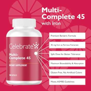 Celebrate Vitamins Multi-Complete, 45mg Iron – Daily Bariatric Multivitamin for Sleeve Gastrectomy...