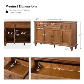 HULALA HOME 58" Farmhouse Sideboard Cabinet - Solid Wood with Storage