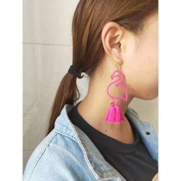 2Pcs Flamingo Drop Earrings Tassel Dangle Earrings Thread Fringe Earrings for Women Cute Pink Bird Jewerly Christmas Gift (set 1)