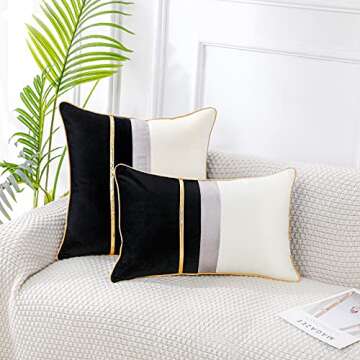 PANOD Patchwork Black Silk-Like Velvet Throw Pillow Cover with Gold Striped Leather Cushion Case Mod...