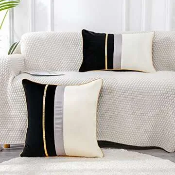 PANOD Patchwork Black Silk-Like Velvet Throw Pillow Cover with Gold Striped Leather Cushion Case Modern Luxury Square Pillowcase for Sofa Couch Bedroom Living Room Home,24x24 inch