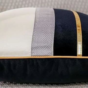 PANOD Patchwork Black Silk-Like Velvet Throw Pillow Cover with Gold Striped Leather Cushion Case Modern Luxury Square Pillowcase for Sofa Couch Bedroom Living Room Home,24x24 inch