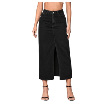 SweatyRocks Women's Casual High Waist Denim Skirt Split Hem Raw Trim Midi Jean Skirts