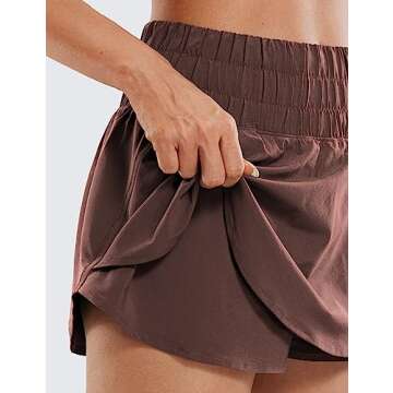 CRZ YOGA Athletic Shorts for Women High Waisted Flowy Ruffle Skirt Overlay for Workout Running Tennis with Zip Pocket Taupe Medium