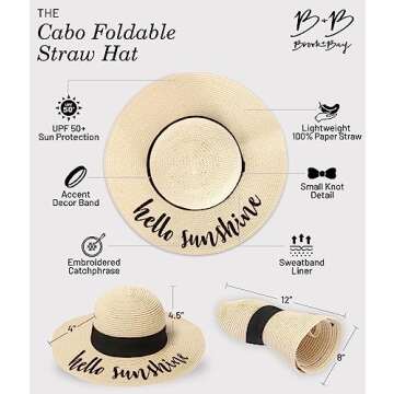 Foldable Beach Hats for Women-Floppy Sun Hats for Women,Roll up Straw Hats for Women,Summer Vacation Hats&Beach Wide Brim Hat Hello Sunshine