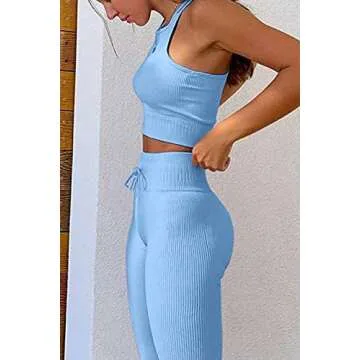 QINSEN Womens Yoga Pants Bodycon 2 Piece Outfits High Neck Cropped Tops Tummy Control Seamless Leggings Blue S