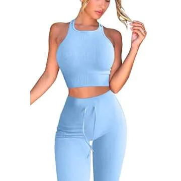 QINSEN Womens Yoga Pants Bodycon 2 Piece Outfits High Neck Cropped Tops Tummy Control Seamless Leggings Blue S