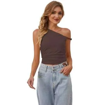 MISSACTIVER Women’s Off Shoulder Ruched Crop Tank Tops One Shoulder Twist Strap Crop Tops Summer Going Out Top Crop Shirts Brown