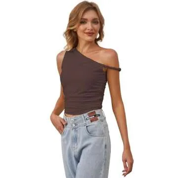 MISSACTIVER Women’s Off Shoulder Ruched Crop Tank Tops One Shoulder Twist Strap Crop Tops Summer Going Out Top Crop Shirts Brown