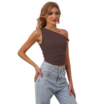 MISSACTIVER Women’s Off Shoulder Ruched Crop Tank Tops One Shoulder Twist Strap Crop Tops Summer Going Out Top Crop Shirts Brown