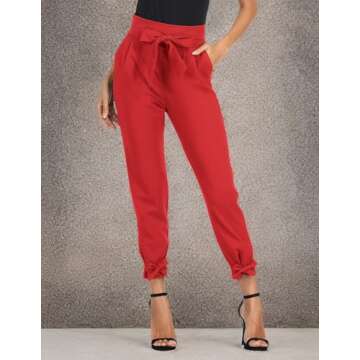 GRACE KARIN Womens Casual High Waist Pencil Pants with Pockets Bow-Knot Cropped Paper Bag Pants for Work Red L
