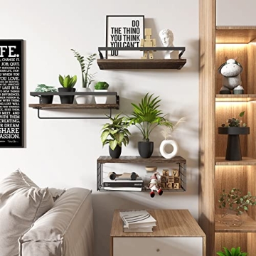 Floating Rustic Wood Shelves with Storage Basket
