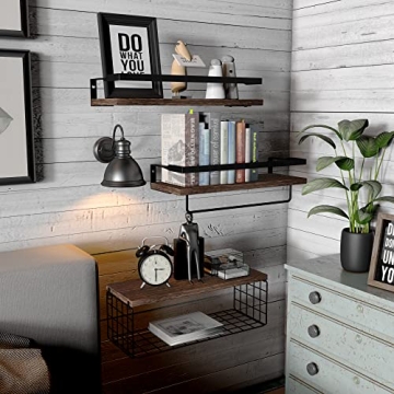 Floating Rustic Wood Shelves with Storage Basket