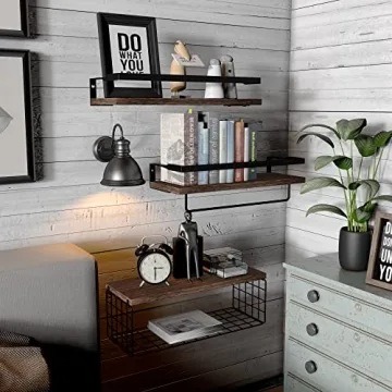 Floating Rustic Wood Shelves with Storage Basket