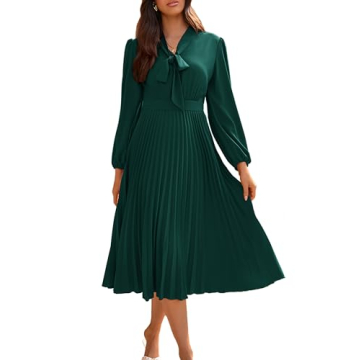 Women's Elegant Casual Business Work Dress Tie Neck A Line Midi Knee Length Dress in Dark Green