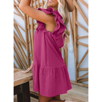 Dokotoo Casual Dresses for Women 2025 Trendy Summer V-Neck Drawstring Ruffle Caps Sleeve Solid Color Flowy Easter Mini Cute Dresses with Pockets Rose Small