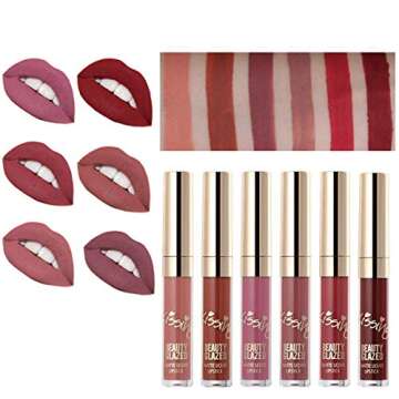 NICEFACE 6Pcs Matte Liquid Lipstick Set, Long-Lasting, Highly Pigmented with Moisturizing Lip Gloss, Waterproof & Fade-Resistant for Beautiful Lip Color Makeup