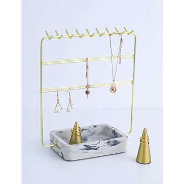Nakko Modern Jewelry Organizer | Gold Metal 3 Tier Necklace and Earring Display Rack with Ring Holder (Gold + Marble)