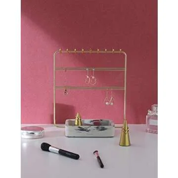 Nakko Modern Jewelry Organizer | Gold Metal 3 Tier Necklace and Earring Display Rack with Ring Holder (Gold + Marble)