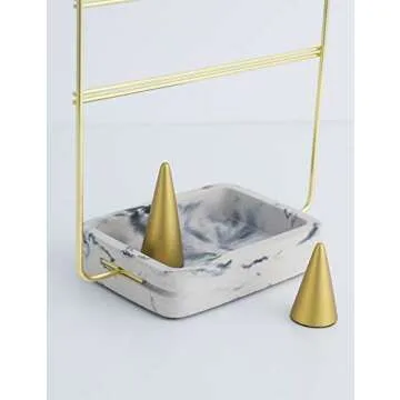 Nakko Modern Jewelry Organizer | Gold Metal 3 Tier Necklace and Earring Display Rack with Ring Holder (Gold + Marble)