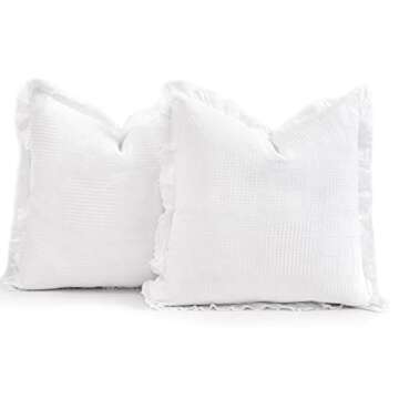 COCOPLOCEUS Waffle Pillow Covers 24x24 Set of 2 Throw Pillow Covers Stone Washed Square Pattern Euro Shams Decorative Cushion Covers for Couch Sofa Bedroom Car (White