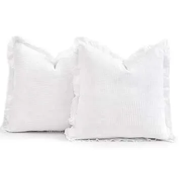 COCOPLOCEUS Waffle Pillow Covers 24x24 Set of 2 Throw Pillow Covers Stone Washed Square Pattern Euro Shams Decorative Cushion Covers for Couch Sofa Bedroom Car (White