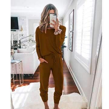 PRETTYGARDEN Women's Fall 2 Piece Lounge Outfit Long Sleeve Crewneck Pullover Tops High Waisted Pants Set Tracksuit (Light Brown,Large)