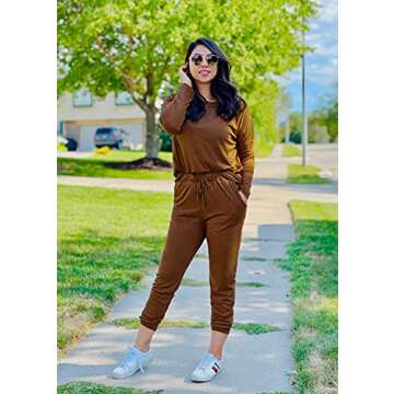 PRETTYGARDEN Women's Fall 2 Piece Lounge Outfit Long Sleeve Crewneck Pullover Tops High Waisted Pants Set Tracksuit (Light Brown,Large)
