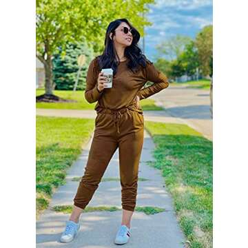 PRETTYGARDEN Women's Fall 2 Piece Lounge Outfit Long Sleeve Crewneck Pullover Tops High Waisted Pants Set Tracksuit (Light Brown,Large)